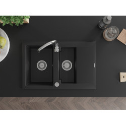 Mexen Gaspar  konyhai mosogató gránit 1,5 medence+csepegtetö+ pop up szifon  737 x 475 mm, fekete  - 6507731505-77 1,5 medencés