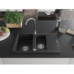 Mexen Gaspar  konyhai mosogató gránit 1,5 medence+csepegtetö+ pop up szifon  737 x 475 mm, fekete  - 6507731505-77 1,5 medencés
