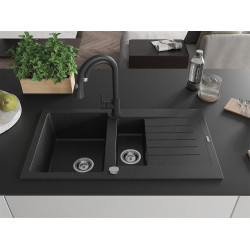 Mexen Matias  konyhai mosogató gránit 1,5 medence+csepegtetö+ pop up szifon  90 x 50,5 cm, fekete / króm - 6502901505-73 1,5 medencés