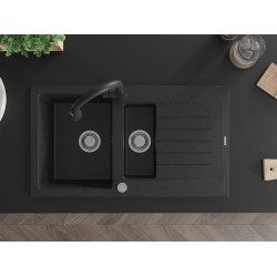 Mexen Matias  konyhai mosogató gránit 1,5 medence+csepegtetö+ pop up szifon  90 x 50,5 cm, fekete / króm - 6502901505-73 1,5 medencés