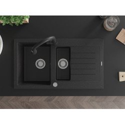Mexen Matias  konyhai mosogató gránit 1,5 medence+csepegtetö+ pop up szifon  90 x 50,5 cm, fekete / króm - 6502901505-73 1,5 medencés