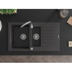 Mexen Matias  konyhai mosogató gránit 1,5 medence+csepegtetö+ pop up szifon  90 x 50,5 cm, fekete köhatasu - 6502901505-76 1,5 medencés