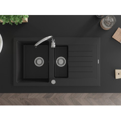 Mexen Matias  konyhai mosogató gránit 1,5 medence+csepegtetö+ pop up szifon  90 x 50,5 cm, fekete  - 6502901505-77 1,5 medencés