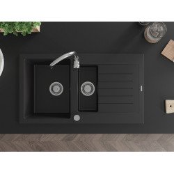 Mexen Matias  konyhai mosogató gránit 1,5 medence+csepegtetö+ pop up szifon  90 x 50,5 cm, fekete  - 6502901505-77 1,5 medencés