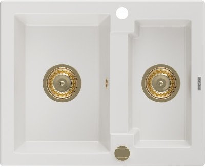 Mexen Carlos  konyhai mosogató gránit 1,5  medence+ pop up szifon 582 x 475 mm, fehér , szifon  arany  - 6518581500-20-G 1,5 medencés