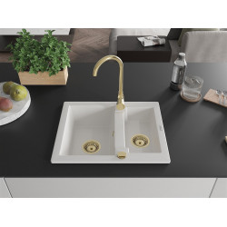 Mexen Carlos  konyhai mosogató gránit 1,5  medence+ pop up szifon 582 x 475 mm, fehér , szifon  arany  - 6518581500-20-G 1,5 medencés