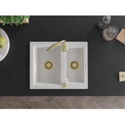 Mexen Carlos  konyhai mosogató gránit 1,5  medence+ pop up szifon 582 x 475 mm, fehér , szifon  arany  - 6518581500-20-G 1,5 medencés