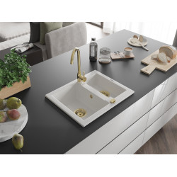 Mexen Carlos  konyhai mosogató gránit 1,5  medence+ pop up szifon 582 x 475 mm, fehér , szifon  arany  - 6518581500-20-G 1,5 medencés 1,5 medencés 406959 Mexen