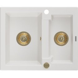 Mexen Carlos  konyhai mosogató gránit 1,5  medence+ pop up szifon 582 x 475 mm, fehér , szifon  arany  - 6518581500-20-G 1,5 medencés 1,5 medencés 406959 Mexen