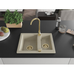 Mexen Carlos  konyhai mosogató gránit 1,5  medence+ pop up szifon 582 x 475 mm, beige, szifon  arany  - 6518581500-69-G 1,5 medencés