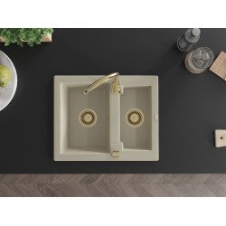 Mexen Carlos  konyhai mosogató gránit 1,5  medence+ pop up szifon 582 x 475 mm, beige, szifon  arany  - 6518581500-69-G 1,5 medencés