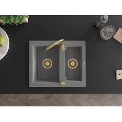 Mexen Carlos  konyhai mosogató gránit 1,5  medence+ pop up szifon 582 x 475 mm, szürke , szifon  arany  - 6518581500-71-G 1,5 medencés
