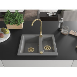 Mexen Carlos  konyhai mosogató gránit 1,5  medence+ pop up szifon 582 x 475 mm, szürke , szifon  arany  - 6518581500-71-G 1,5 medencés