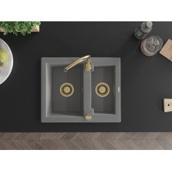 Mexen Carlos  konyhai mosogató gránit 1,5  medence+ pop up szifon 582 x 475 mm, szürke , szifon  arany  - 6518581500-71-G 1,5 medencés