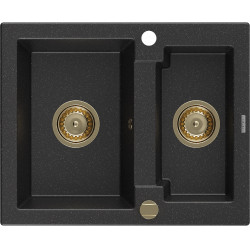 Mexen Carlos  konyhai mosogató gránit 1,5  medence+ pop up szifon 582 x 475 mm, fekete / króm, szifon  arany  - 6518581500-73-G 1,5 medencés 1,5 medencés 406959 Mexen