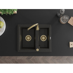 Mexen Carlos  konyhai mosogató gránit 1,5  medence+ pop up szifon 582 x 475 mm, fekete / arany, szifon  arany  - 6518581500-75-G 1,5 medencés