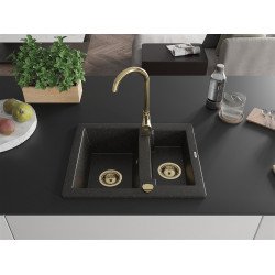 Mexen Carlos  konyhai mosogató gránit 1,5  medence+ pop up szifon 582 x 475 mm, fekete / arany, szifon  arany  - 6518581500-75-G 1,5 medencés