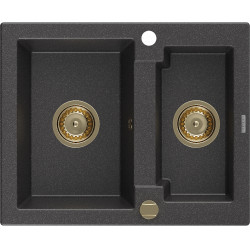 Mexen Carlos  konyhai mosogató gránit 1,5  medence+ pop up szifon 582 x 475 mm, fekete köhatasu, szifon  arany  - 6518581500-76-G 1,5 medencés 1,5 medencés 406594 Mexen