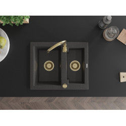 Mexen Carlos  konyhai mosogató gránit 1,5  medence+ pop up szifon 582 x 475 mm, fekete köhatasu, szifon  arany  - 6518581500-76-G 1,5 medencés