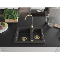 Mexen Carlos  konyhai mosogató gránit 1,5  medence+ pop up szifon 582 x 475 mm, fekete köhatasu, szifon  arany  - 6518581500-76-G 1,5 medencés