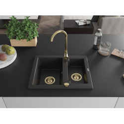 Mexen Carlos  konyhai mosogató gránit 1,5  medence+ pop up szifon 582 x 475 mm, fekete , szifon  arany  - 6518581500-77-G 1,5 medencés