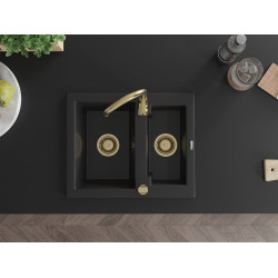 Mexen Carlos  konyhai mosogató gránit 1,5  medence+ pop up szifon 582 x 475 mm, fekete , szifon  arany  - 6518581500-77-G 1,5 medencés