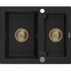 Mexen Carlos  konyhai mosogató gránit 1,5  medence+ pop up szifon 582 x 475 mm, fekete , szifon  arany  - 6518581500-77-G 1,5 medencés 1,5 medencés 406594 Mexen