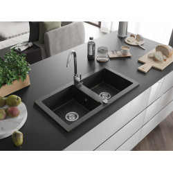 Mexen Mario  konyhai mosogató gránit 2 medence+ pop up szifon  82,6 x 43,6 cm, fekete / arany - 6504822000-75 2 medencés 2 medencés 406959 Mexen