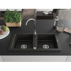 Mexen Mario  konyhai mosogató gránit 2 medence+ pop up szifon  82,6 x 43,6 cm, fekete / arany - 6504822000-75 2 medencés