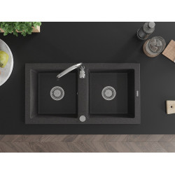 Mexen Mario  konyhai mosogató gránit 2 medence+ pop up szifon  82,6 x 43,6 cm, fekete köhatasu - 6504822000-76 2 medencés