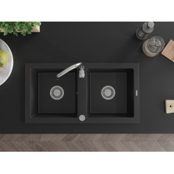 Mexen Mario  konyhai mosogató gránit 2 medence+ pop up szifon  82,6 x 43,6 cm, fekete  - 6504822000-77 2 medencés