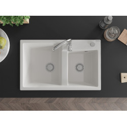 Mexen Tomas  konyhai mosogató gránit 2 medence+ pop up szifon 800 x 500 mm, fehér , szifon   króm - 6516802000-20 2 medencés