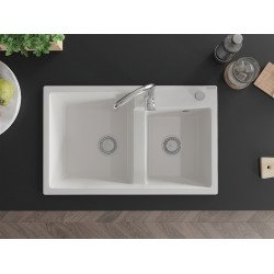 Mexen Tomas  konyhai mosogató gránit 2 medence+ pop up szifon 800 x 500 mm, fehér , szifon   króm - 6516802000-20 2 medencés