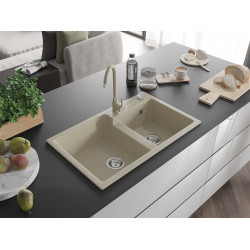 Mexen Tomas  konyhai mosogató gránit 2 medence+ pop up szifon 800 x 500 mm, beige, szifon   króm - 6516802000-69 2 medencés 2 medencés 406959 Mexen
