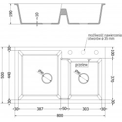 Mexen Tomas  konyhai mosogató gránit 2 medence+ pop up szifon 800 x 500 mm, beige, szifon   króm - 6516802000-69 2 medencés