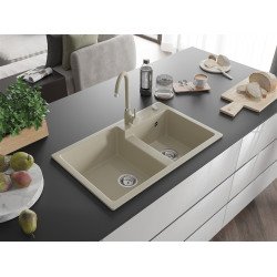 Mexen Tomas  konyhai mosogató gránit 2 medence+ pop up szifon 800 x 500 mm, beige, szifon   króm - 6516802000-69 2 medencés 2 medencés 406959 Mexen