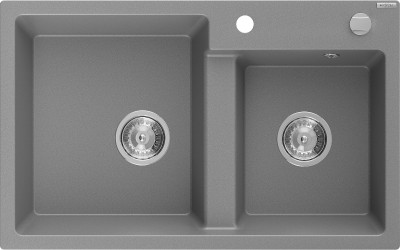 Mexen Tomas  konyhai mosogató gránit 2 medence+ pop up szifon 800 x 500 mm, szürke , szifon   króm - 6516802000-71 2 medencés