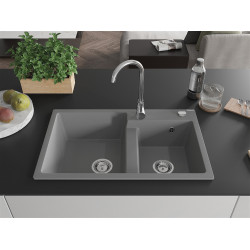 Mexen Tomas  konyhai mosogató gránit 2 medence+ pop up szifon 800 x 500 mm, szürke , szifon   króm - 6516802000-71 2 medencés