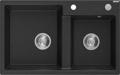 Mexen Tomas  konyhai mosogató gránit 2 medence+ pop up szifon 800 x 500 mm, fekete / króm, szifon   króm - 6516802000-73 2 medencés