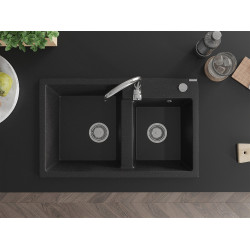 Mexen Tomas  konyhai mosogató gránit 2 medence+ pop up szifon 800 x 500 mm, fekete / króm, szifon   króm - 6516802000-73 2 medencés