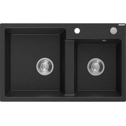 Mexen Tomas  konyhai mosogató gránit 2 medence+ pop up szifon 800 x 500 mm, fekete / króm, szifon   króm - 6516802000-73 2 medencés 2 medencés 406959 Mexen