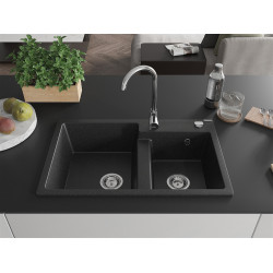 Mexen Tomas  konyhai mosogató gránit 2 medence+ pop up szifon 800 x 500 mm, fekete / króm, szifon   króm - 6516802000-73 2 medencés