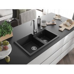 Mexen Tomas  konyhai mosogató gránit 2 medence+ pop up szifon 800 x 500 mm, fekete / króm, szifon   króm - 6516802000-73 2 medencés