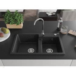 Mexen Tomas  konyhai mosogató gránit 2 medence+ pop up szifon 800 x 500 mm, fekete / króm, szifon   króm - 6516802000-73 2 medencés