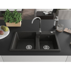 Mexen Tomas  konyhai mosogató gránit 2 medence+ pop up szifon 800 x 500 mm, fekete / arany, szifon   króm - 6516802000-75 2 medencés