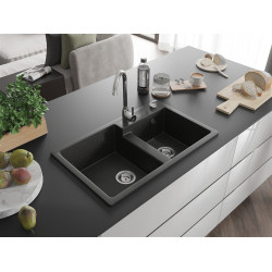 Mexen Tomas  konyhai mosogató gránit 2 medence+ pop up szifon 800 x 500 mm, fekete / arany, szifon   króm - 6516802000-75 2 medencés 2 medencés 406959 Mexen
