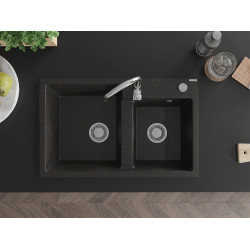 Mexen Tomas  konyhai mosogató gránit 2 medence+ pop up szifon 800 x 500 mm, fekete / arany, szifon   króm - 6516802000-75 2 medencés