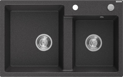 Mexen Tomas  konyhai mosogató gránit 2 medence+ pop up szifon 800 x 500 mm, fekete köhatasu, szifon   króm - 6516802000-76 2 medencés