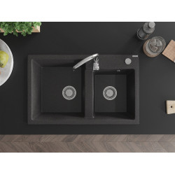 Mexen Tomas  konyhai mosogató gránit 2 medence+ pop up szifon 800 x 500 mm, fekete köhatasu, szifon   króm - 6516802000-76 2 medencés