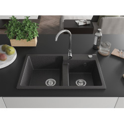 Mexen Tomas  konyhai mosogató gránit 2 medence+ pop up szifon 800 x 500 mm, fekete köhatasu, szifon   króm - 6516802000-76 2 medencés